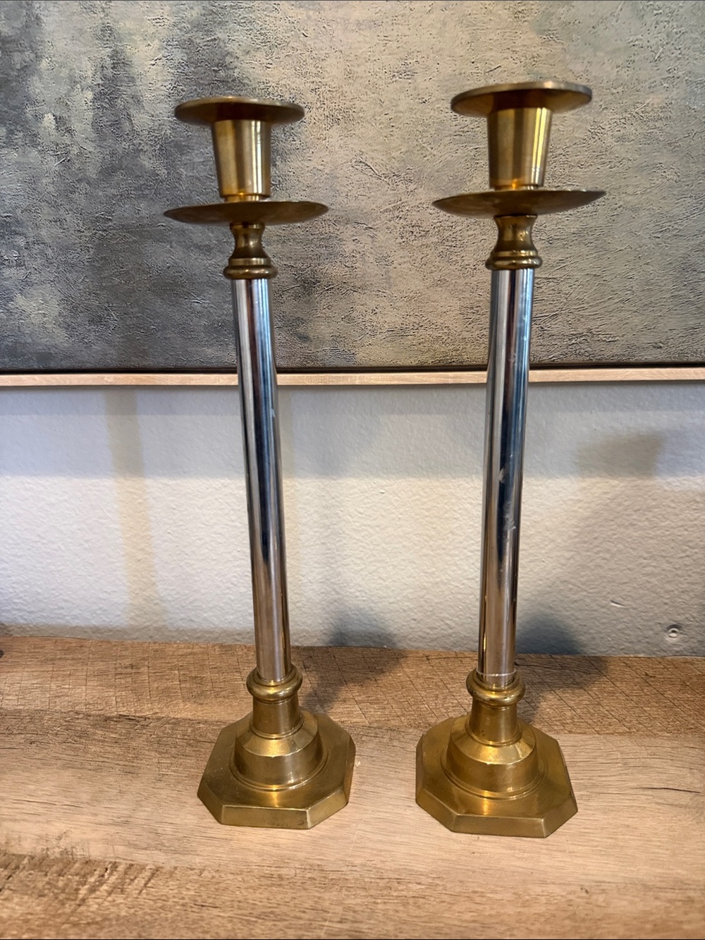 Vintage Brass and Silver Looking Taper Candle Holders - Pair